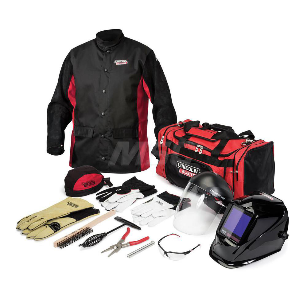 Welding Clothing Kit: X-Large, Leather, Jacket - Welding Gloves & Sleeves, Hard Hats with Face Shield, Includes K3034-4 - VIKING 3,350 Black Welding Helmet, K2986-XL - Shadow Split Leather Sleeved Welding Jacket, K4082-XL - Heavy-Duty Stick/MIG Welding Gloves, K3806-XL - DynaMIG HD MIG Welding Gloves, K2983-XL - Premium Leather TIG Welding Gloves, K2993-ALL -Welding Doo Rag FR, K3750-1 - OMNIShield Professional Clear Face Shield, K2966-1 - Finish Line Clear Safety Glasses, K4022-1 - Chipping Hammer, K4014-1 - Welding Pliers, K3725-1 - Flat Soapstone Holder, K3184-1 - 3 x 19 Row Carbon Steel Wire Brush & K3096-1 - Industrial Duffle Bag