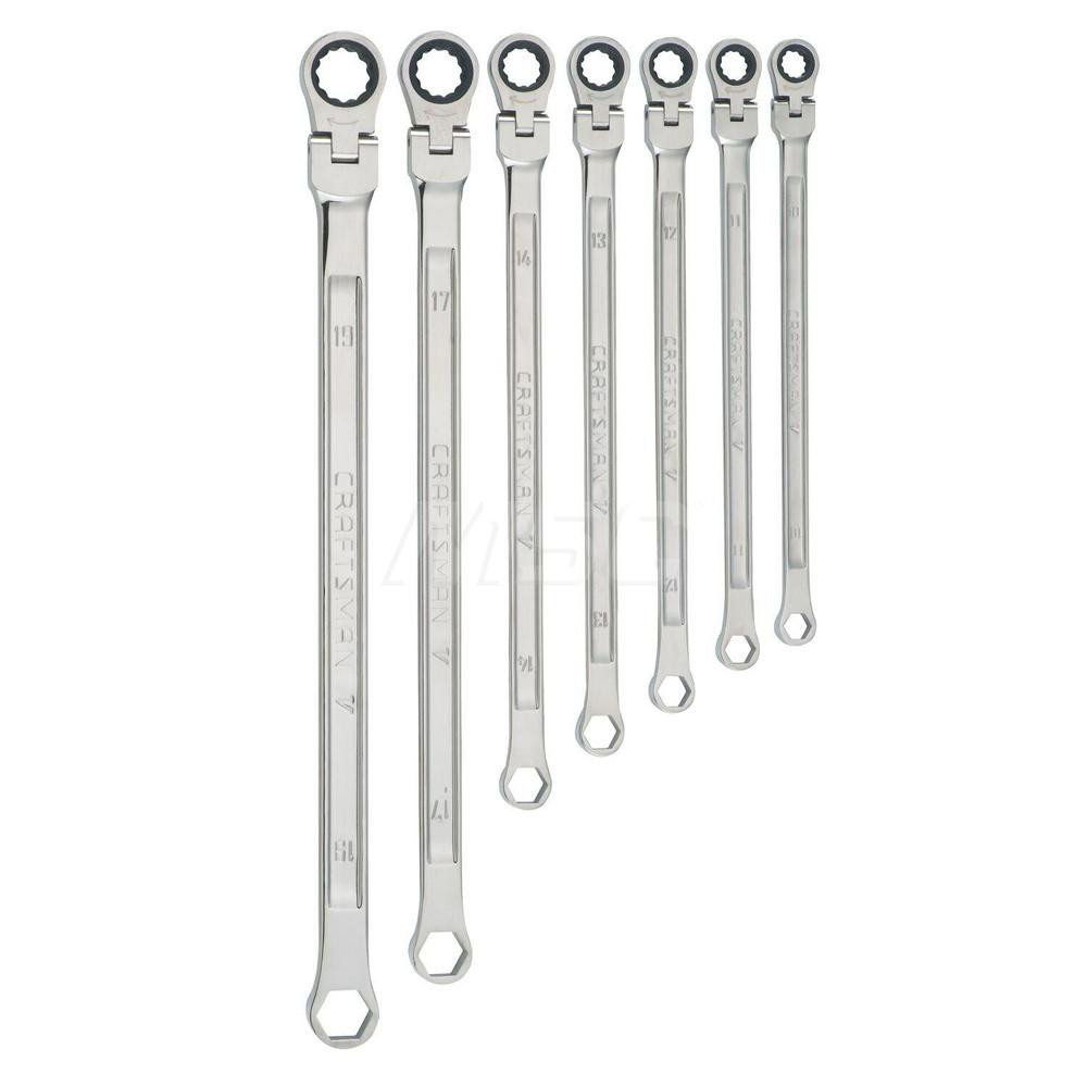 Box Wrench Set: 7 Pc, 10 to 19 mm Wrench, Metric - Polished Chrome Finish, Ratcheting