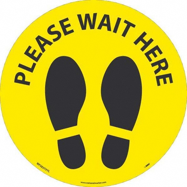 Entrance & Directional & Exit Adhesive Backed Floor Sign: Round, Vinyl, ''PLEASE WAIT HERE''