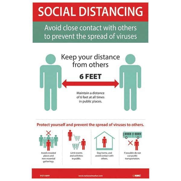 Warning & Safety Reminder Sign: Rectangle, "SOCIAL DISTANCING Avoid close contact with others to prevent the spread of viruses"