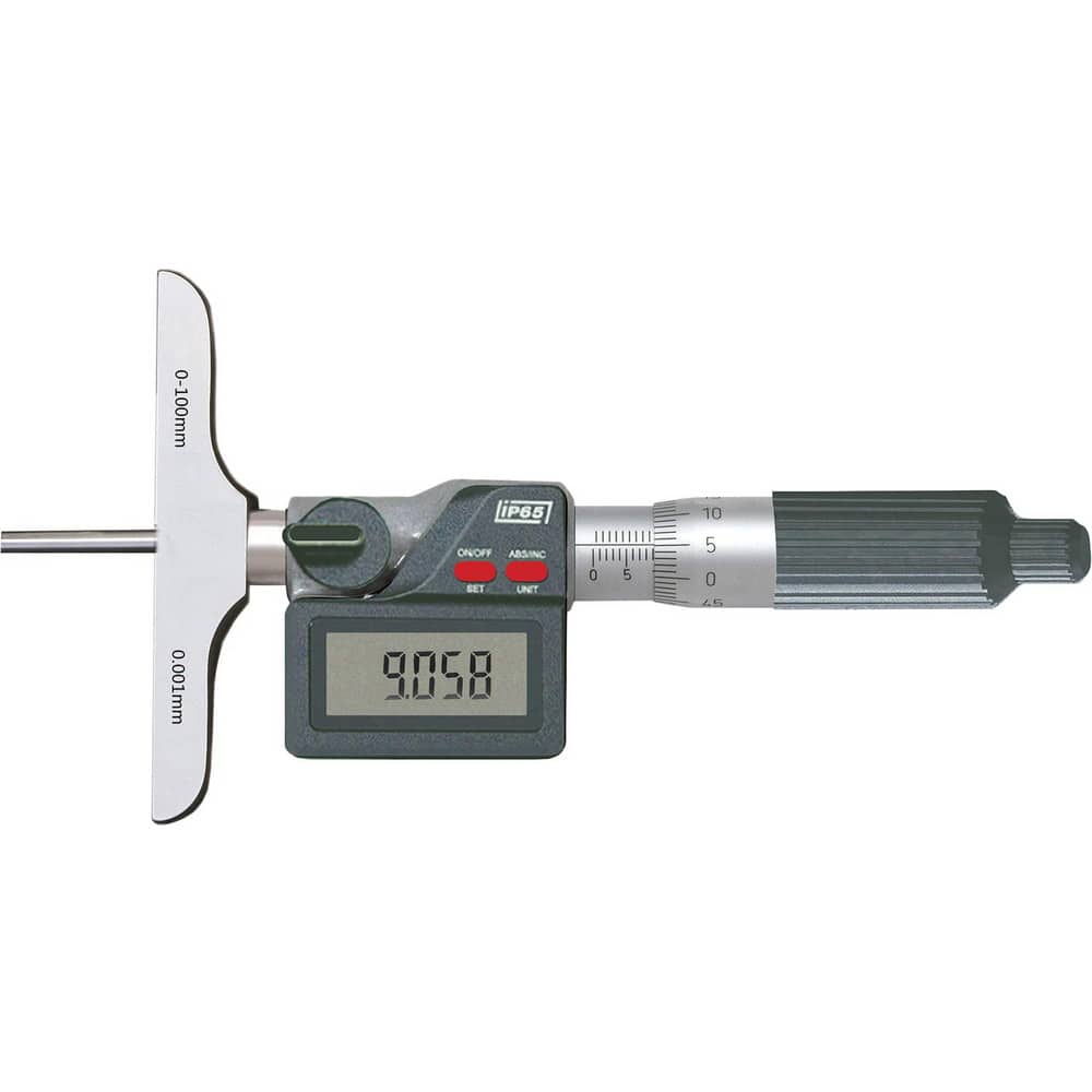 Electronic Depth Micrometers; Minimum Measurement (mm): 0; Maximum Measurement: 6.00; Resolution: 0.000; Maximum Measurement (Inch): 6.00; Base Style: Flat; Rod Type: Flat End; Base Length (Inch): 2.5000; Number of Rods: 6; Thimble Type: Ratchet; Lock Nut