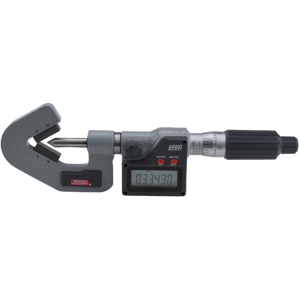 V-Anvil Micrometers; Operation Type: Electronic; Minimum Measurement: 0; Minimum Measurement (mm): 0; Maximum Measurement: 0.60; Maximum Measurement (Decimal Inch): 0.60; Maximum Measurement (mm): 0.60; Thimble Type: Ratchet; Graduation: 0.0001; Lock Nut Type: Positive; Calibrated: Yes