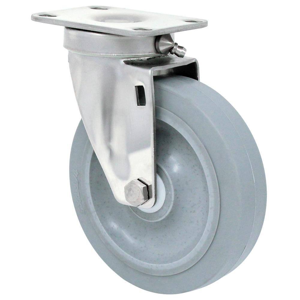 Top Plate Caster: Thermo Rubber, 5" Wheel Dia, 1-1/4" Wheel Width, 325 lb Capacity, 6-3/16" OAH