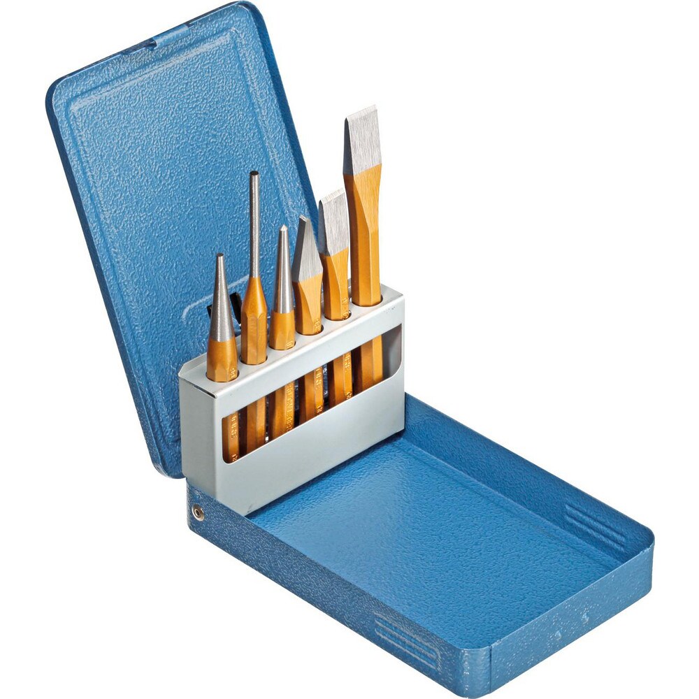 Chisel & Punch Sets; Number of Pieces: 6.000 ; Material: Vanadium Steel ; Set Contents: 150 mm Flat Cold Chisel Octagonal; 125 mm Flat Cold Chisel Octagonal; 125 mm Cross-Cut Chisel; 3 mm Drift Punch Octagonal; 4 mm Center Punch; 4 mm Pin Punch