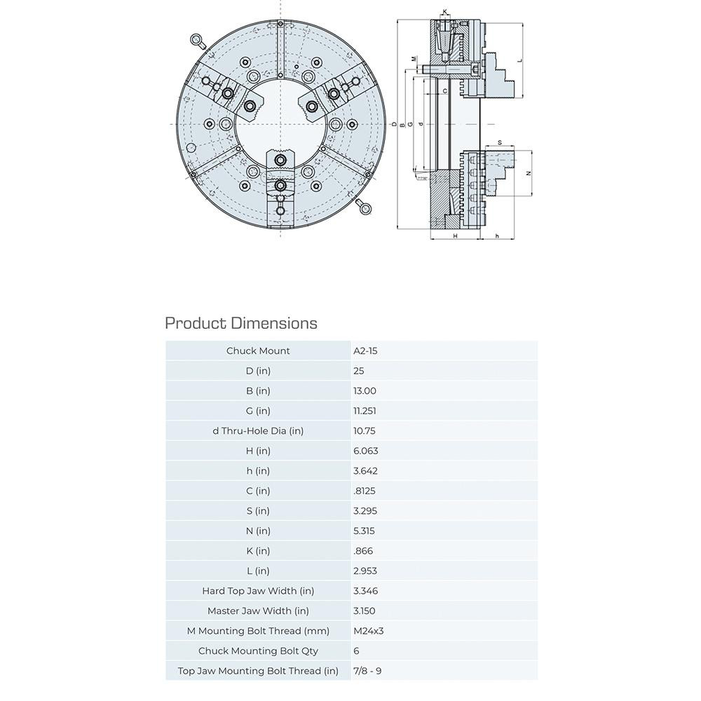 Gator Lathe Chucks Manual Lathe Chuck 25" Dia, 3 Jaws, Self