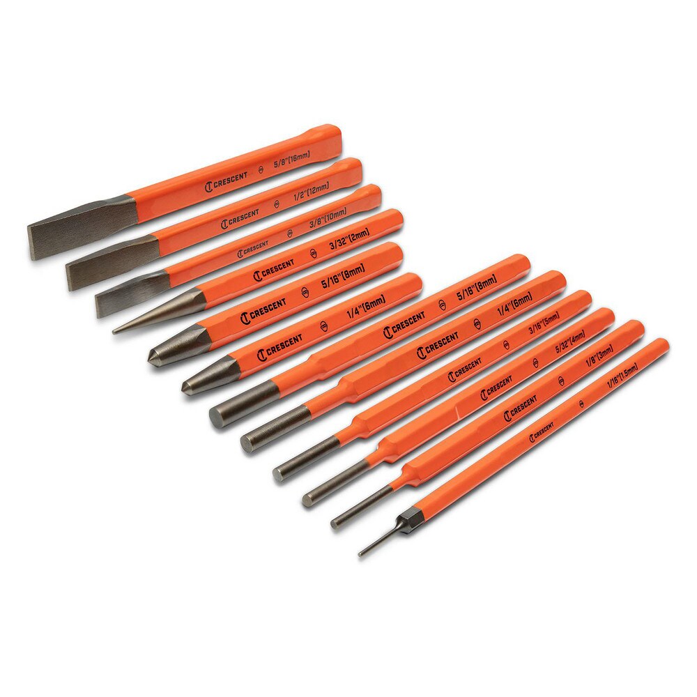 Chisel Sets; Tool Type: Cold Chisel Set ; Body Material: Steel ; Number of Pieces: 12.000 ; Includes: 6 Pin Punches: 1/16 in  1/8 in  5/32 in  3/16 in  1/4 in  5/16 in  3 Center Punches: 3/32 in 1/4 in 5/16 in  3 Cold Chisels: 3/8 in 1/2 in 5/8 in