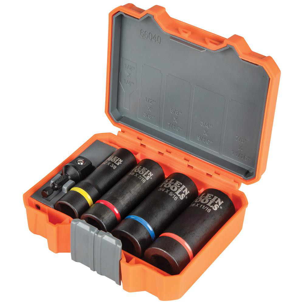 Klein Tools Socket Set: Impact, 5 Pc, 1/2" Drive, 7/8" Min, 3/8" Max - 12 Point, Steel | Part #66040