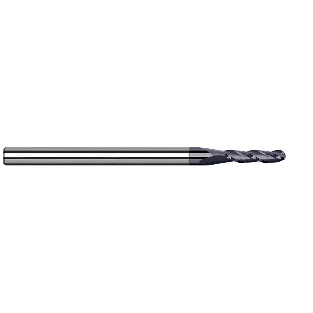 Harvey Tool Ball End Mill: 1/16" Dia, 0.1860" LOC, 3 Flute, Solid Carbide - 1-1/2" OAL, 1/8" Shank Dia, 37 deg Helix, AlTiN Finish, Single End