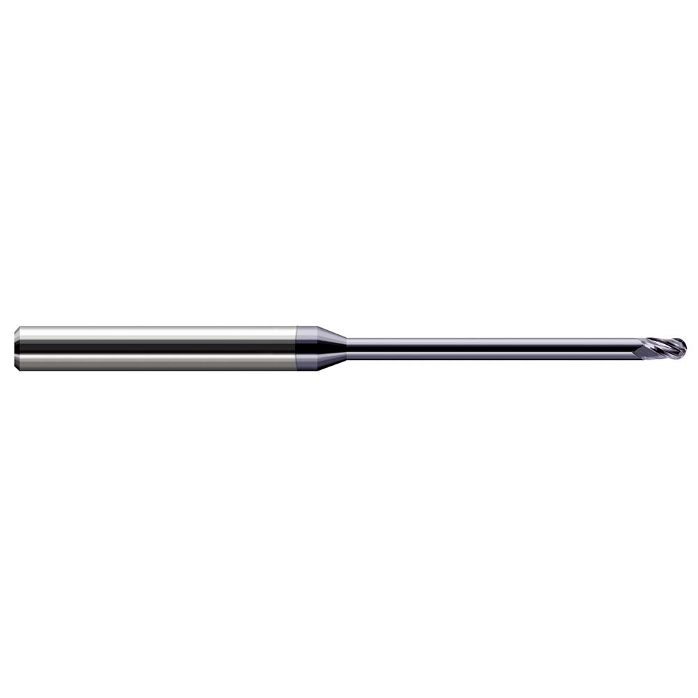 Harvey Tool Ball End Mill: 1/4" Dia, 3/8" LOC, 3 Flute, Solid Carbide - 6" OAL, 1/4" Shank Dia, 30 deg Helix, AlTiN Finish, Single End, Miniature End