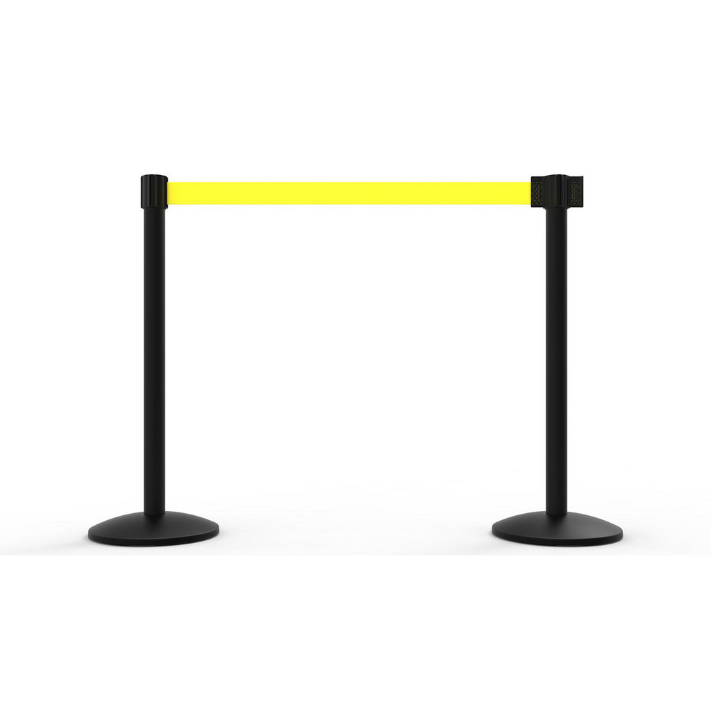 Banner Stakes Free Standing Retractable Belt Barrier Post: 40" High, 2.4" Dia, Aluminum Post - Cast Iron, Black & Yellow | Part #AL6204B