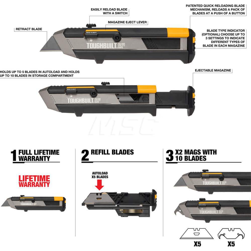 TOUGHBUILT Reload Utility Knife with 2 Mags 3/4-in 10-Blade Retractable  Utility Knife with On Tool Blade Storage in the Utility Knives department  at