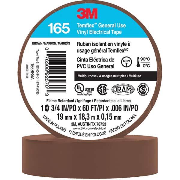 Electrical Tape: 3/4" Wide, 60' Long, 6 mil Thick, Brown