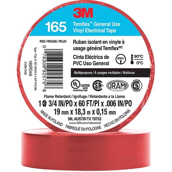 764I RED - 3m - Marking Tape, PVC (Polyvinyl Chloride), Red