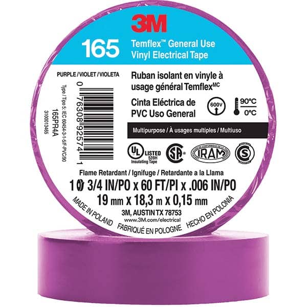 3M Temflex Multi-Purpose Vinyl Electrical Tape 165, Purple, 3/4 in x 60 ft (19 mm x 18 M), 10 Roll Pack