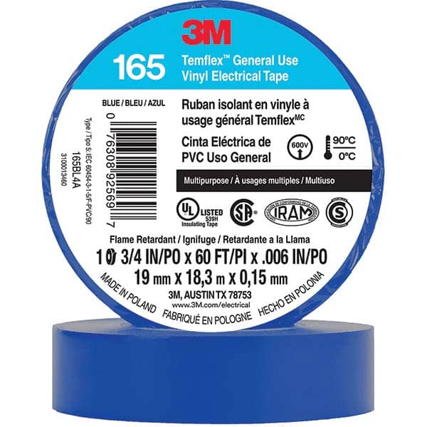 Electrical Tape: 3/4" Wide, 60' Long, 6 mil Thick, Blue