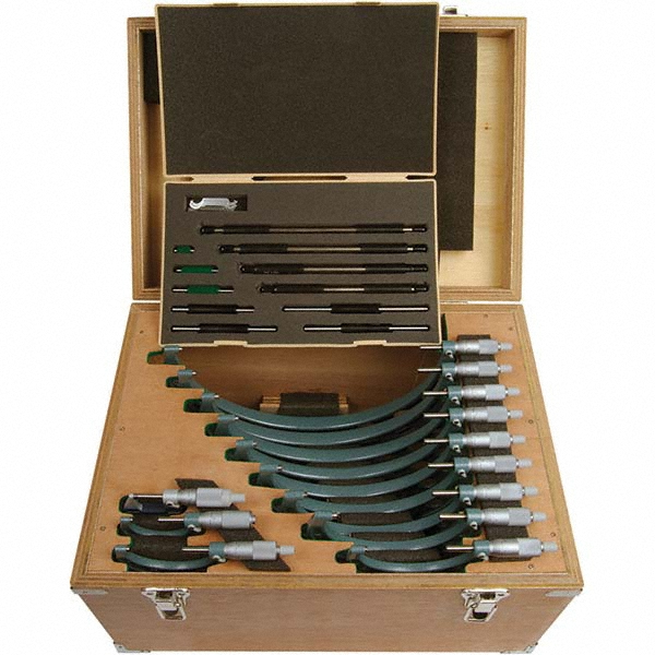 Mechanical Outside Micrometer Set: 12 Pc, 0 to 12" Measurement - Ratchet Stop Thimble, Solid Carbide Measuring Face