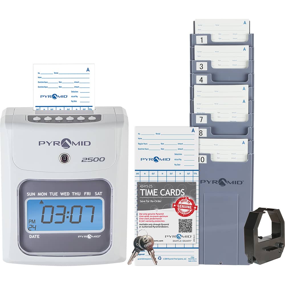 Pyramid 2500 The 2500 time clock bundle has everything you need to start tracking employee time and attendance, including the 2500 time clock, 100 time cards, one ink ribbon cartridge, one 10-slot time card rack and two security keys. The time cards (42415) feature si 