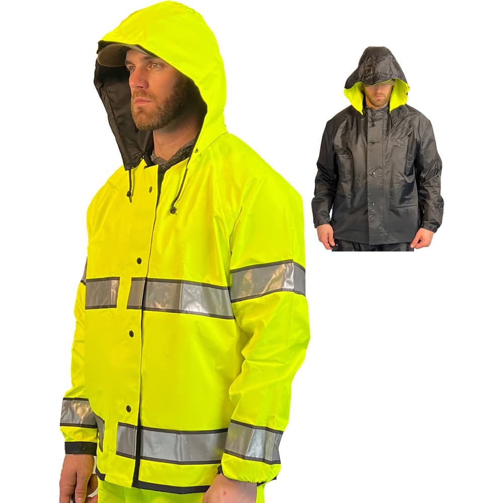 Louisiana Professional Wear Rain Jacket: Size L, Black & Fluorescent Yellow, Polyurethane & Nylon - Reversible | Part #910SHJBYLG