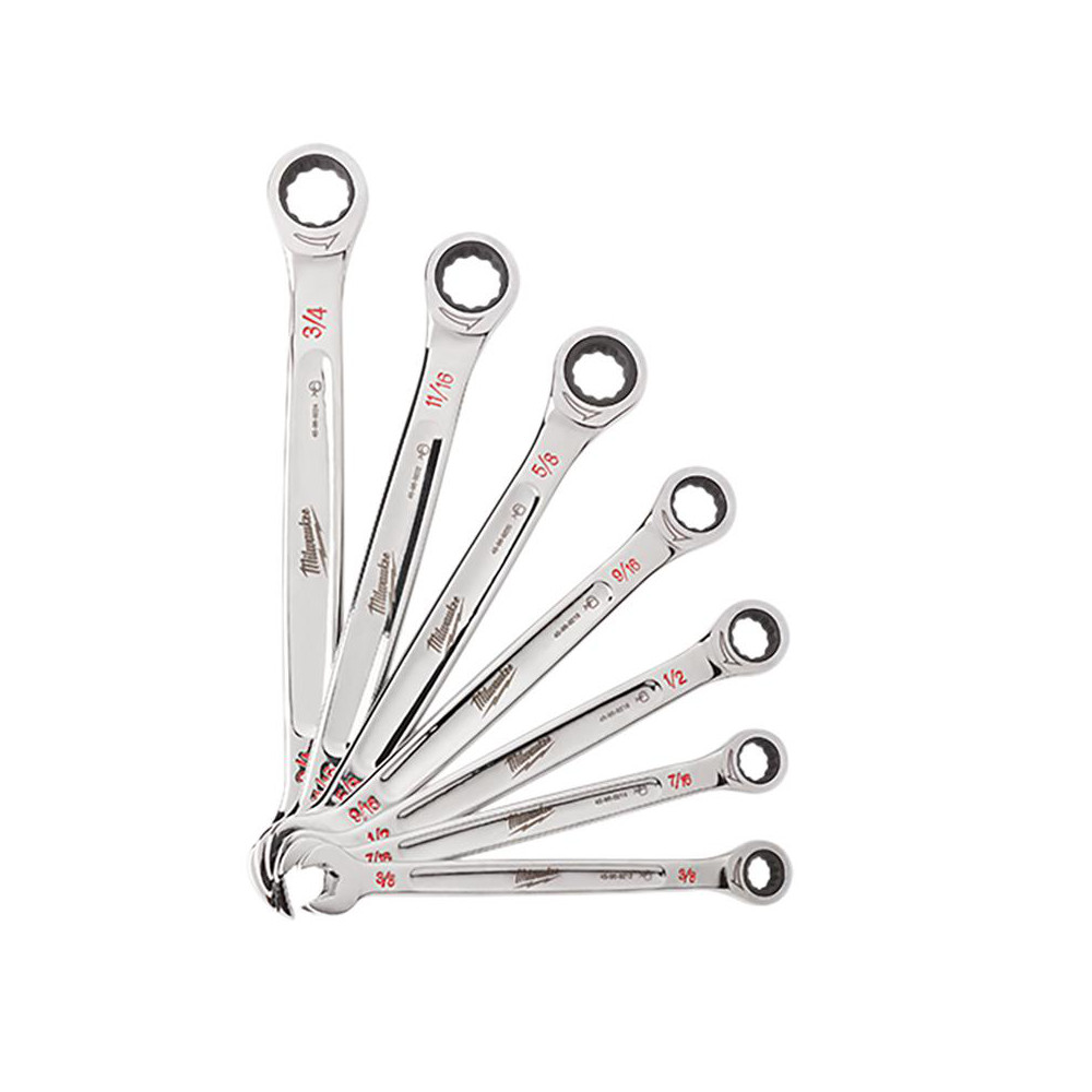 Combination Wrench Set: 7 Pc, 1/2 to 9/16" Wrench, Inch - Chrome Finish, Ratcheting