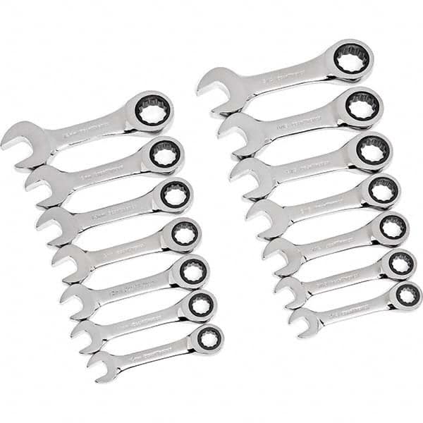Ratcheting Combination Wrench Set: 14 Pc, 1/2" 11/16" 3/4" 3/8" 5/8" 7/16" & 9/16" Wrench, Inch & Metric