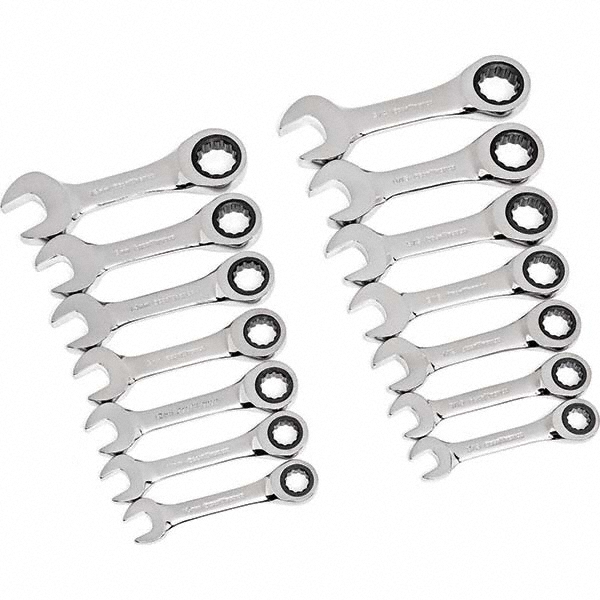 Combination Wrench Set: 14 Pc, 1/2 to 9/16" Wrench, Inch & Metric - 15 deg Head Offset Angle, Chrome Finish, Ratcheting