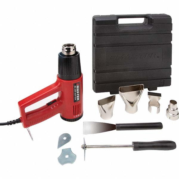 Electric Heat Gun Kit: 110 to 930&deg; F, 5 & 9 CFM - 120V, 10A, 6' Cord, Includes 5 Piece Scrapper Set, Four Nozzle Attachments, Heat Gun, Instruction Manual & Plastic Case, Case Included