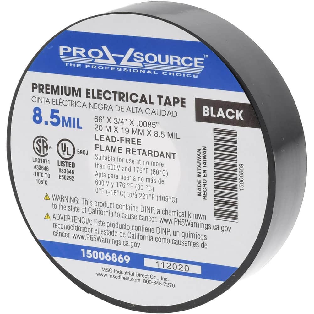 Electrical Tape: 3/4" Wide, 66' Long, 8.5 mil Thick, Black