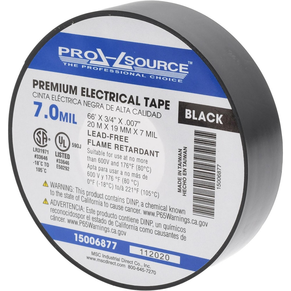 Electrical Tape: 3/4" Wide, 792" Long, 7 mil Thick, Black