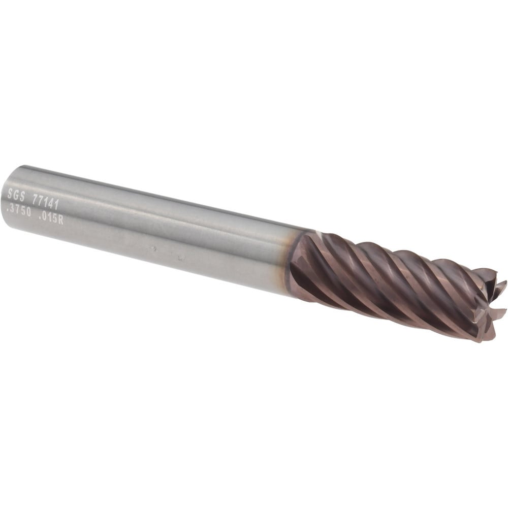 Corner Radius End Mill: 3/8" Dia, 15/16" LOC, 0.0150" Radius, 7 Flute, Solid Carbide