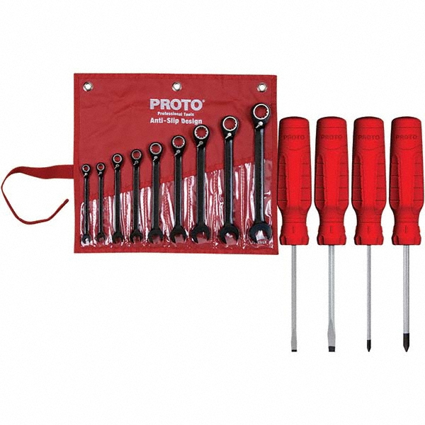 Proto 9 Pc Reversible Ratcheting Combination Wrench Set - BONUS 4 Pc DURATEK™ Precision Combination Screwdriver Set | Part #6286501/1002027