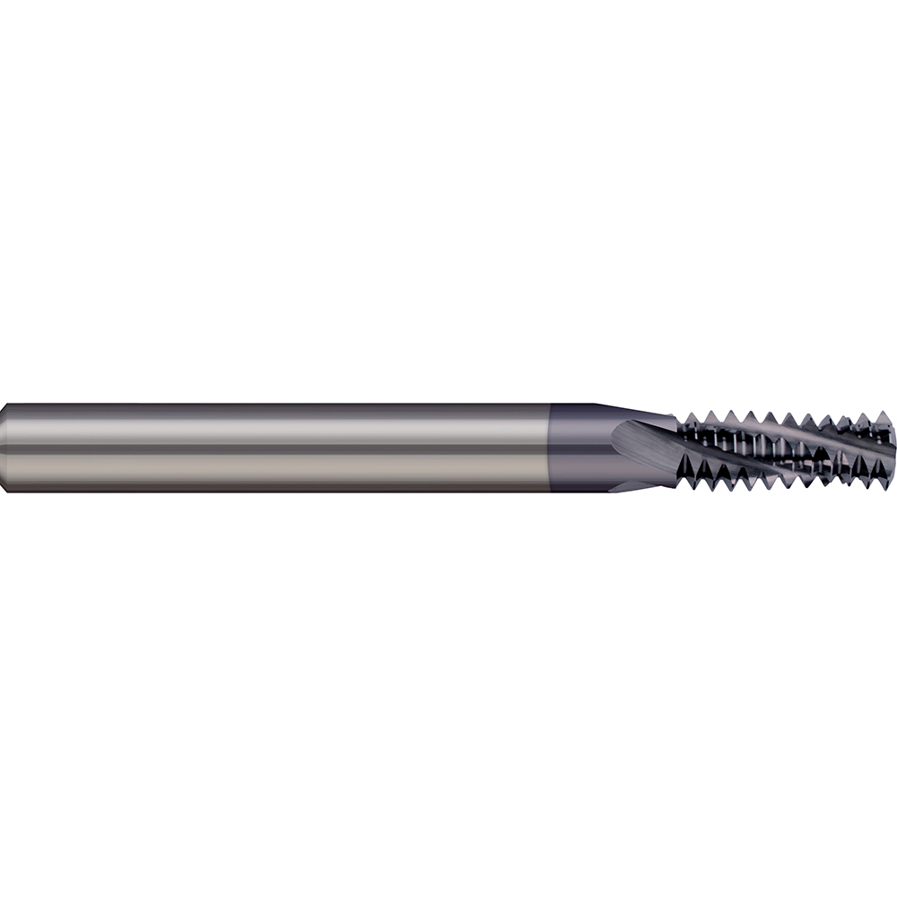Helical Flute Thread Mill: 3/8-24, Internal & External, 4 Flute, 0.3125" Shank Dia, Solid Carbide - 24 TPI, 0.2850" Cut Dia, 0.7500" LOC, 2.5000" OAL, AlTiN Finish