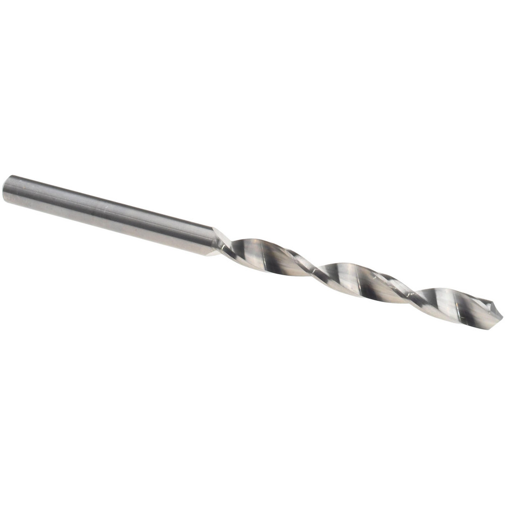 Jobber Length Drill Bit: 1/8" (0.1250) Dia, 118 deg, Solid Carbide - Bright/Uncoated Finish, 2-1/4" OAL, Right Hand Cut, Regular Spiral Flute, Straight Shank, Series DR