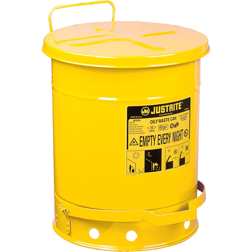 Oily Waste Cans & Receptacles; Capacity (Gal.): 10.000 ; Opening Style: Foot Operated ; Color: Yellow ; Material: Steel ; Height (Inch): 18.25 ; Height (Decimal Inch): 18.000000