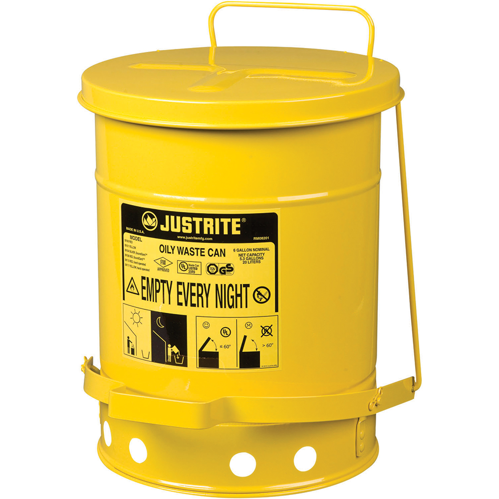 Oily Waste Cans: Capacity: 6.000; Material: Steel; Color: Yellow; Opening Style: Foot Operated