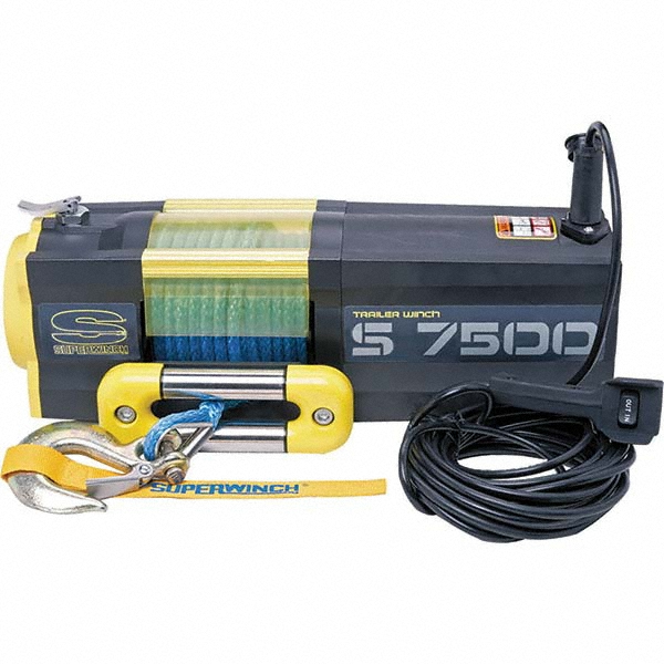 Automotive Winches; Type: DC Electric Winch; Winch Type: Wire Rope; Winch Gear Type: Planetary; Pull Capacity (Lb.): 7500; Winch Gear Ratio: 249:01:00; Cable Length (Feet): 54 ft; 54; Pull Capacity: 7500 lb; Cable Length: 54 ft; Voltage: 12 V dc; Motor Hp: 3.6 hp; Features: Sealed Solenoid