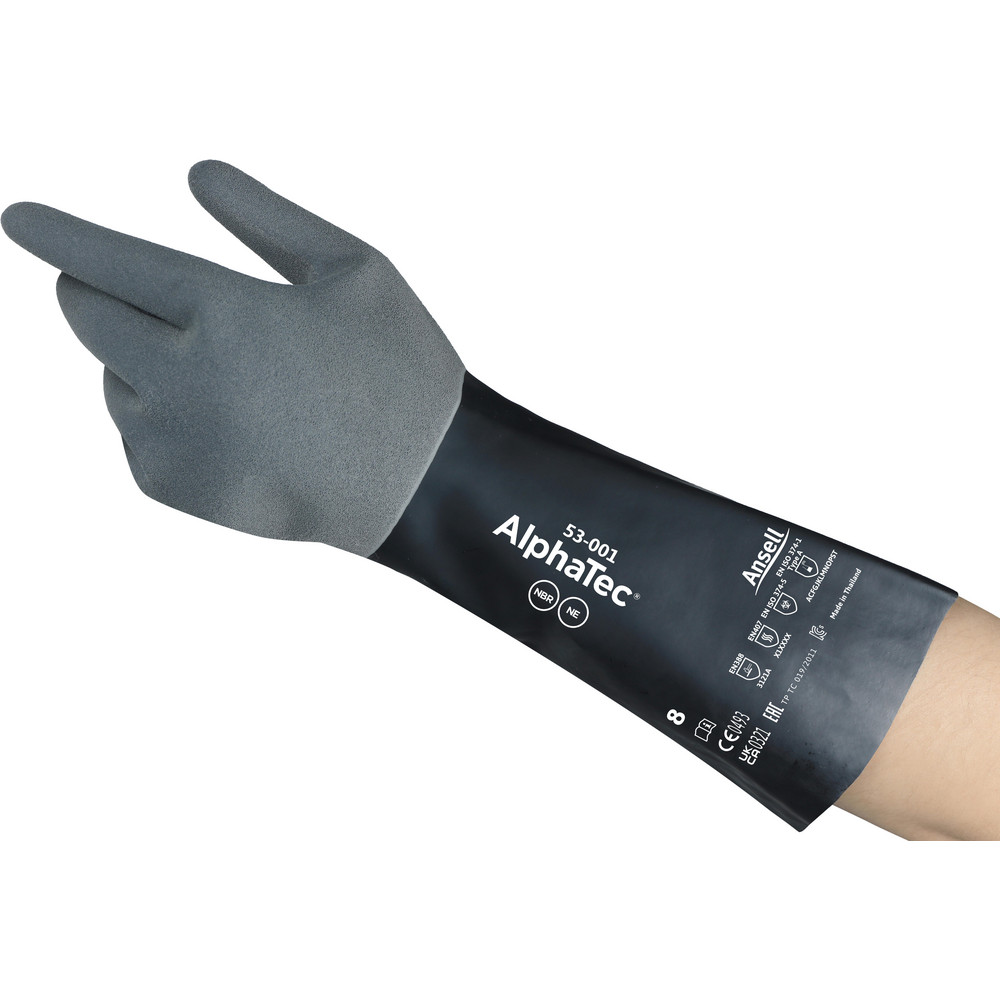 Chemical Resistant Gloves: AlphaTEC&trade; Alphatec 53-001, Size 2X-Large, Neoprene & Nitrile-Coated, Neoprene & Nitrile, Supported, General Purpose Chemical Resistant Gloves - Black, 13.8" OAL, Ansell Grip Grip, Pair, ANSI Abrasion 3, ANSI Cut 1, ANSI Puncture 1, }