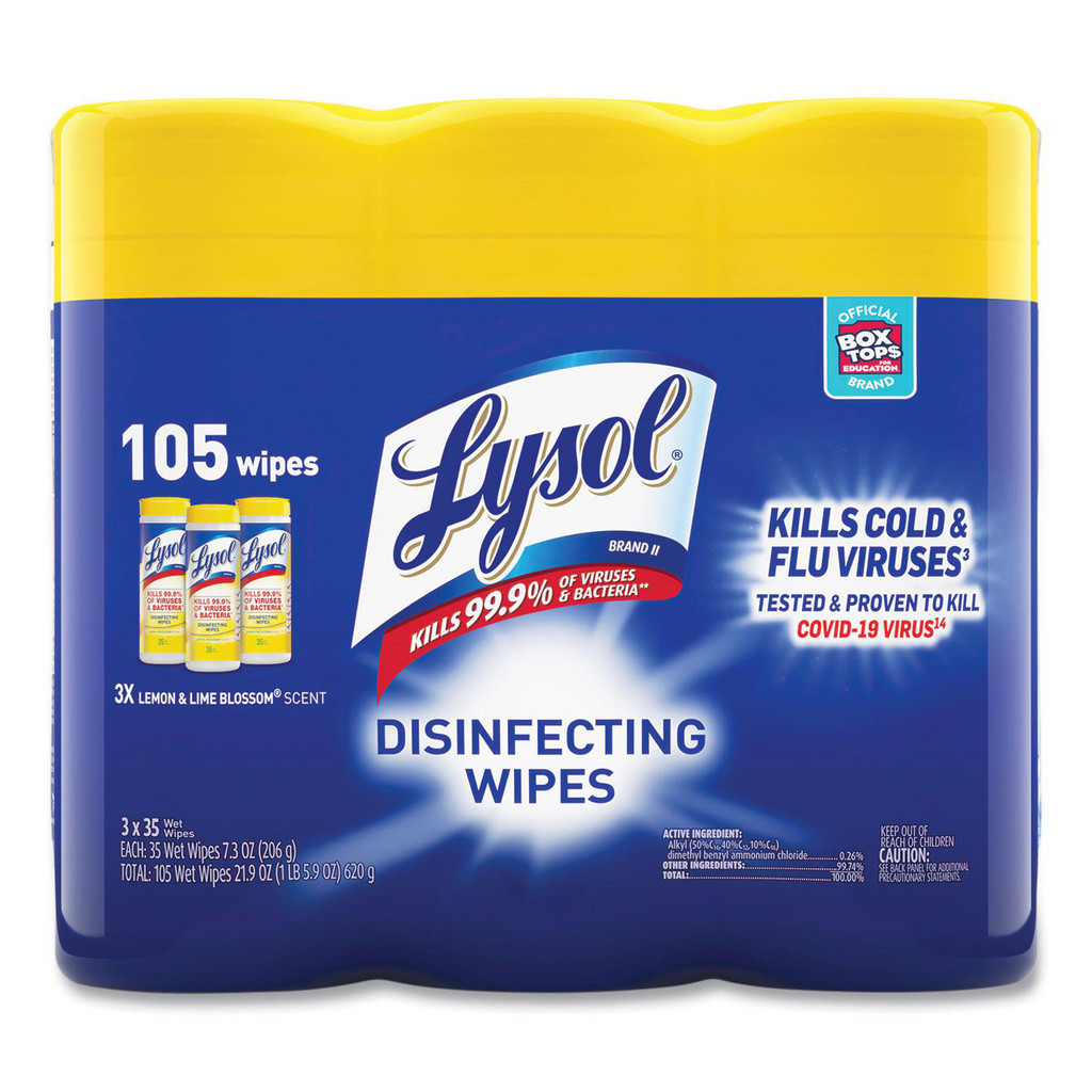 Lysol Disinfecting Wipes, 1-Ply, 7" x 7.25", Lemon & Lime Blossom, White - 35 Sheets/Canister, 3 Canisters/Pack | Part #RAC82159