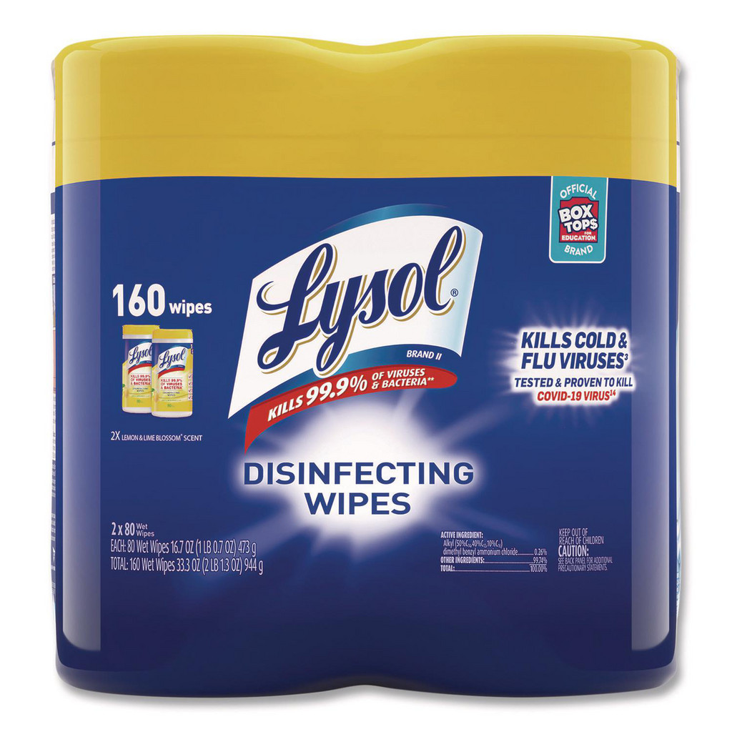 Lysol Disinfecting Wipes, 1-Ply, 7" x 7.25", Lemon & Lime Blossom, White - 80 Sheets/Canister, 2 Canisters/Pack | Part #RAC80296