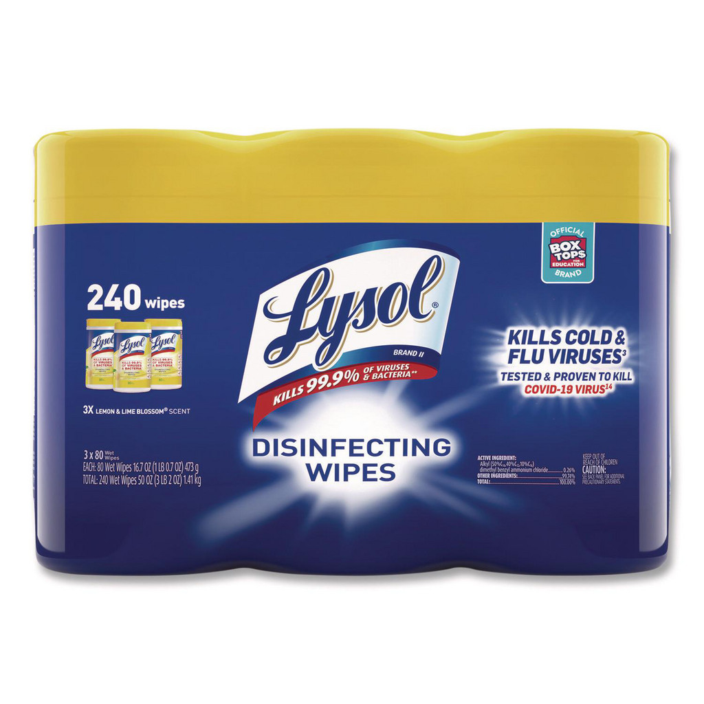 Lysol Disinfecting Wipes, 1-Ply, 7" x 7.25", Lemon & Lime Blossom, White - 80 Sheets/Canister, 3 Canisters/Pack | Part #RAC84251