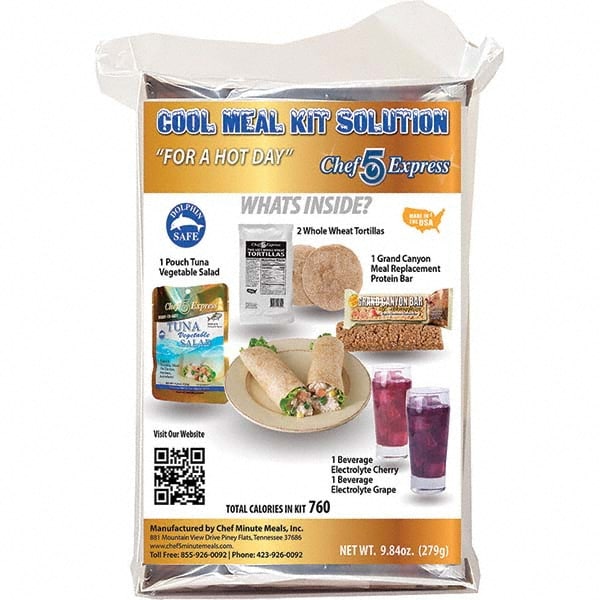 Ready-to-Eat Meals; Type: Tuna ; Contents/Features: (2) Whole Wheat Tortillas; 4.25-oz Entrie; Cutlery Kit w/Utensils, Napkin, Salt & Pepper Packets; Electrolyte Drink Mix-Cherry; Electrolyte Drink Mix-Grape