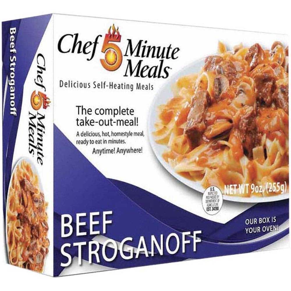 Chef Minute Meals FMM1008-12 Ready-to-Eat Meals; Type: Beef Stroganoff ; Contents/Features: 9-oz Entrie; Cutlery Kit w/Utensils, Salt & Pepper Packets; Heater Pad & Activator Solution 
