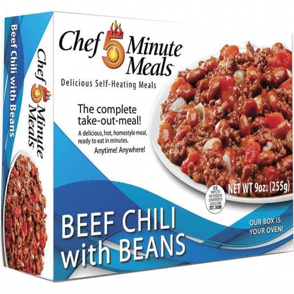Chef Minute Meals FMM1005-12 Ready-to-Eat Meals; Type: Beef Chili ; Contents/Features: 9-oz Entrie; Cutlery Kit w/Utensils, Salt & Pepper Packets; Heater Pad & Activator Solution 