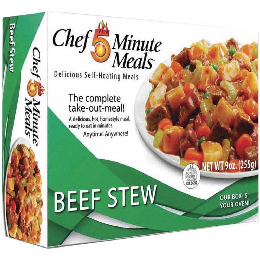 Chef Minute Meals FMM1007-12 Ready-to-Eat Meals; Type: Beef Stew ; Contents/Features: 9-oz Entrie; Cutlery Kit w/Utensils, Salt & Pepper Packets; Heater Pad & Activator Solution 