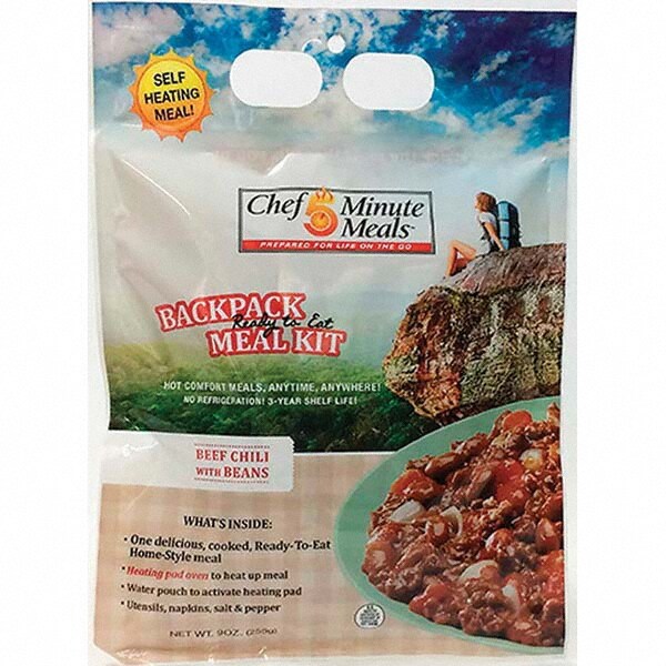 Ready-to-Eat Meals; Type: Beef Chili ; Contents/Features: 9-oz Entrie; Cutlery Kit w/Utensils, Salt & Pepper Packets; Self-Heating Bag Oven & Activator Solution