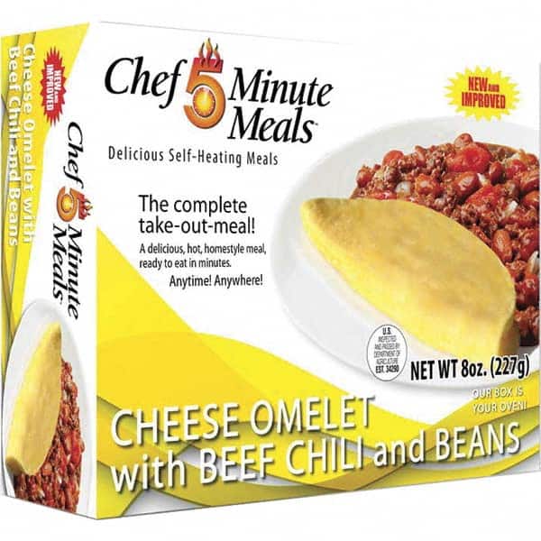 Chef Minute Meals FMM1010-12 Ready-to-Eat Meals; Type: Omelette; Chili ; Contents/Features: 9-oz Entrie; Cutlery Kit w/Utensils, Salt & Pepper Packets; Heater Pad & Activator Solution 