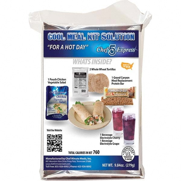 Ready-to-Eat Meals; Type: Chicken Salad ; Contents/Features: (2) Whole Wheat Tortillas; 4.25-oz Entrie; Cutlery Kit w/Utensils, Napkin, Salt & Pepper Packets; Electrolyte Drink Mix-Cherry; Electrolyte Drink Mix-Grape