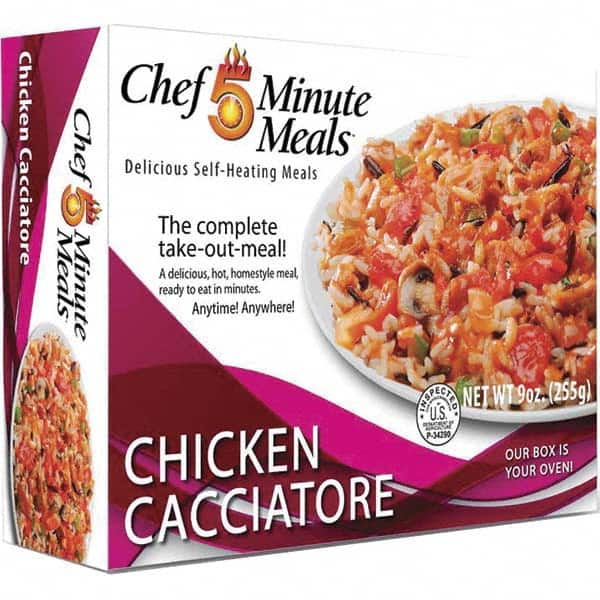 Chef Minute Meals FMM1003-12 Ready-to-Eat Meals; Type: Chicken Caciatore ; Contents/Features: 9-oz Entrie; Cutlery Kit w/Utensils, Salt & Pepper Packets; Heater Pad & Activator Solution 