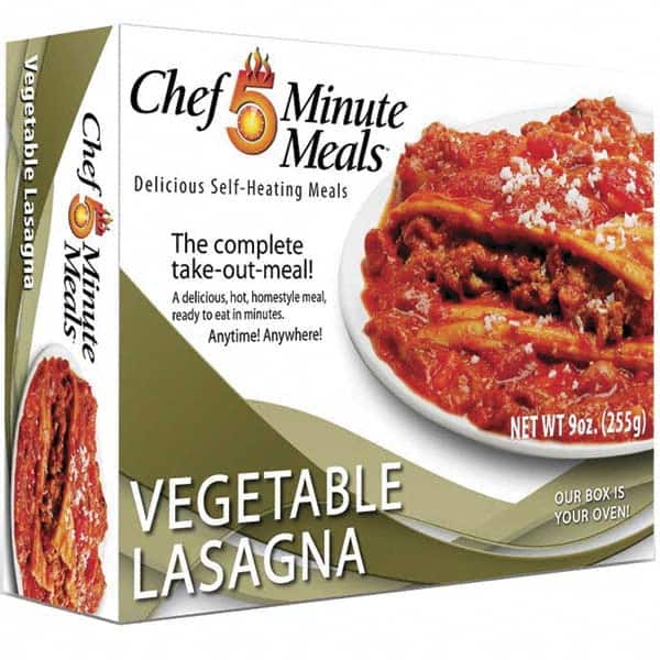 Chef Minute Meals FMM1006-12 Ready-to-Eat Meals; Type: Vegetable Lasagna ; Contents/Features: 9-oz Entrie; Cutlery Kit w/Utensils, Salt & Pepper Packets; Heater Pad & Activator Solution 