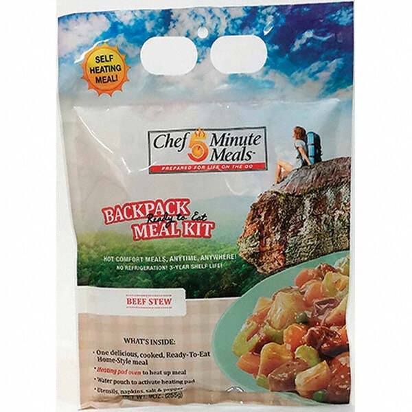 Ready-to-Eat Meals; Type: Beef Stew ; Contents/Features: 9-oz Entrie; Cutlery Kit w/Utensils, Salt & Pepper Packets; Self-Heating Bag Oven & Activator Solution