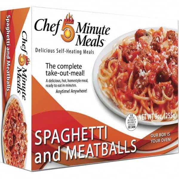 Chef Minute Meals FMM1004-12 Ready-to-Eat Meals; Type: Meatball ; Contents/Features: 9-oz Entrie; Cutlery Kit w/Utensils, Salt & Pepper Packets; Heater Pad & Activator Solution 